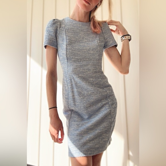 NWOT Calvin Klein Tweed Light Blue and White Dress with Padded Sleeves - Picture 5 of 6